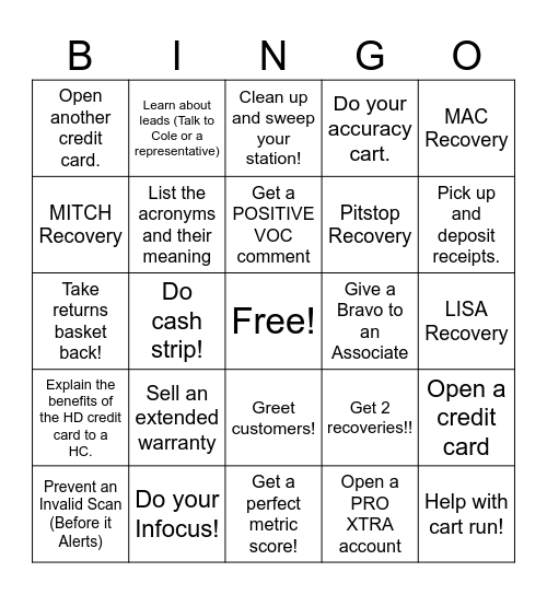 Cashier Bingo Card