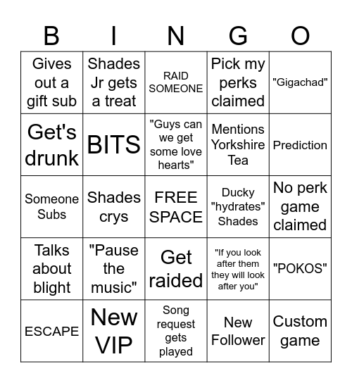 Shades Stream Bingo Card