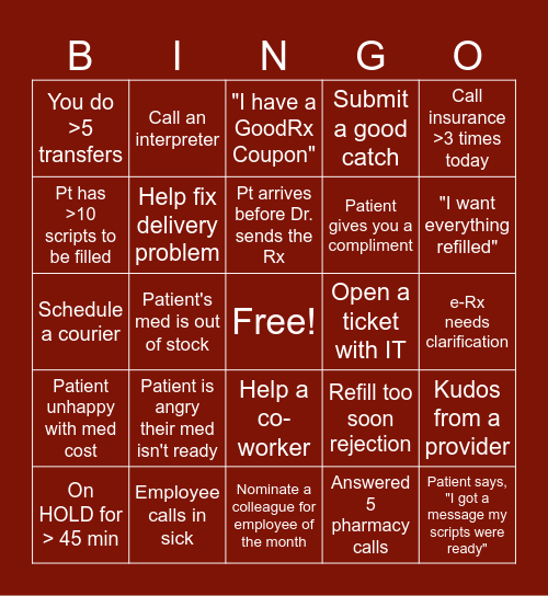 Outpatient Pharmacy BINGO Card