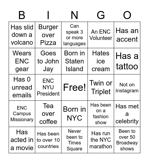 ENC Get-To-Know Bingo Card