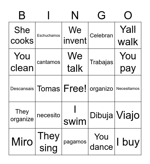 AR VERBS Bingo Card