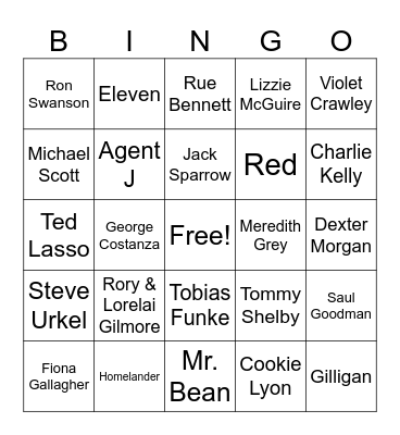 Tv/Movie Characters Bingo Card