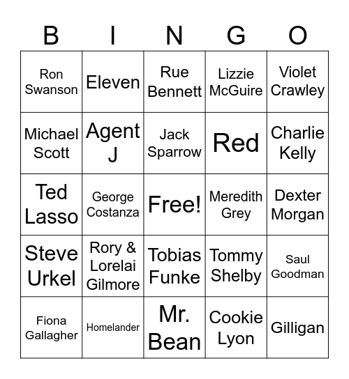 Tv/Movie Characters Bingo Card