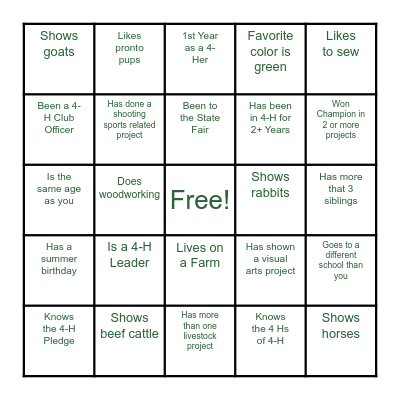 4-H Get to Know You Bingo Card