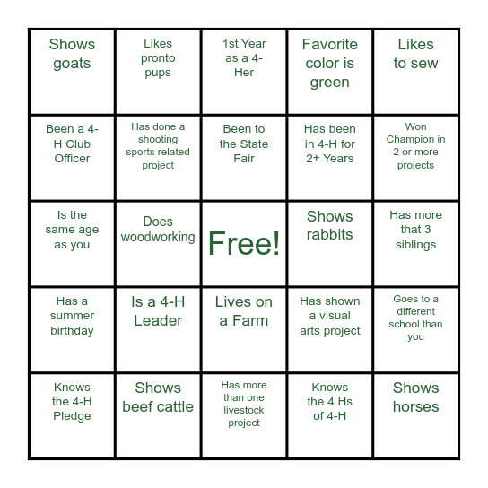 4-H Get to Know You Bingo Card