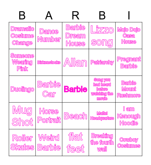 Barbie Movie Bingo Card