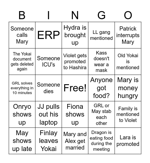 Yokai Meeting Bingo Card Bingo Card