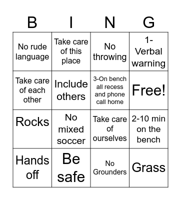 Recess Rules Bingo Card