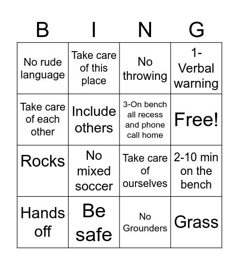 Recess Rules Bingo Card