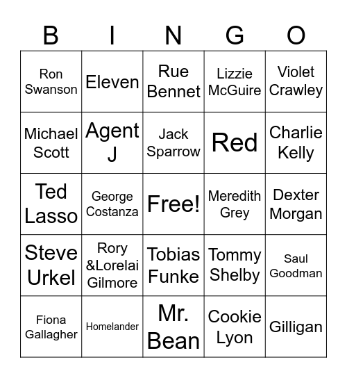 TV/Movie Characters Bingo Card