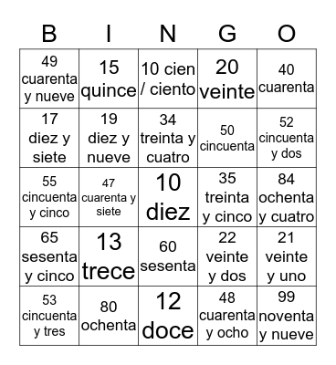 LOS NUMEROS Bingo Card