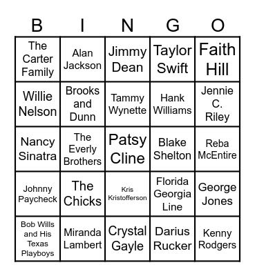 Country and Western Songs Bingo Card