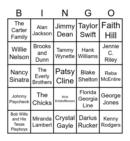 Country and Western Songs Bingo Card