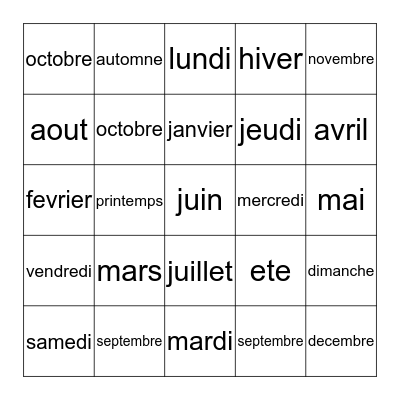 Les jours, les mois et les saisons Bingo Card