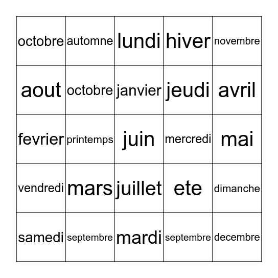 Les jours, les mois et les saisons Bingo Card