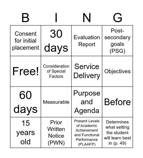 IEP Procedural Guidance Scavenger Bingo Card