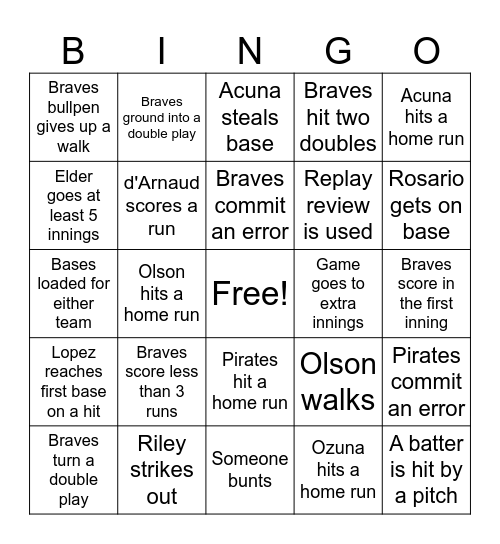 Braves v. Pirates Bingo Card