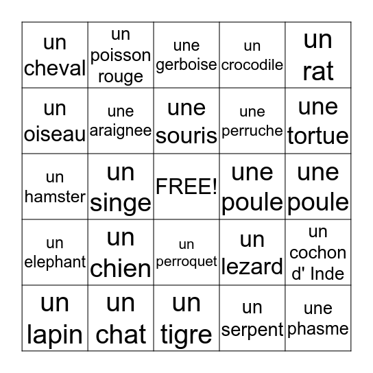 Les Animaux Bingo Card