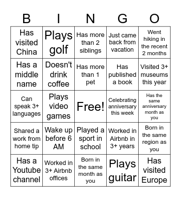 Team building bingo Card