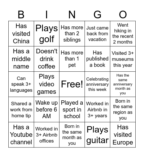 Team building bingo Card