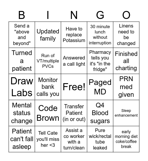 Cate's Last Day Shift Bingo Card