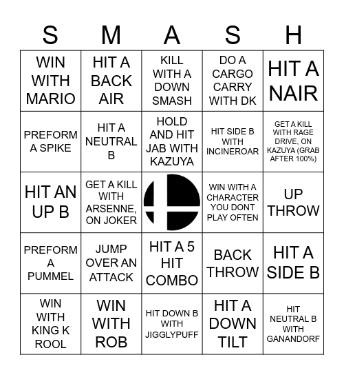 Smash Club Bingo - Beginner Bingo Card