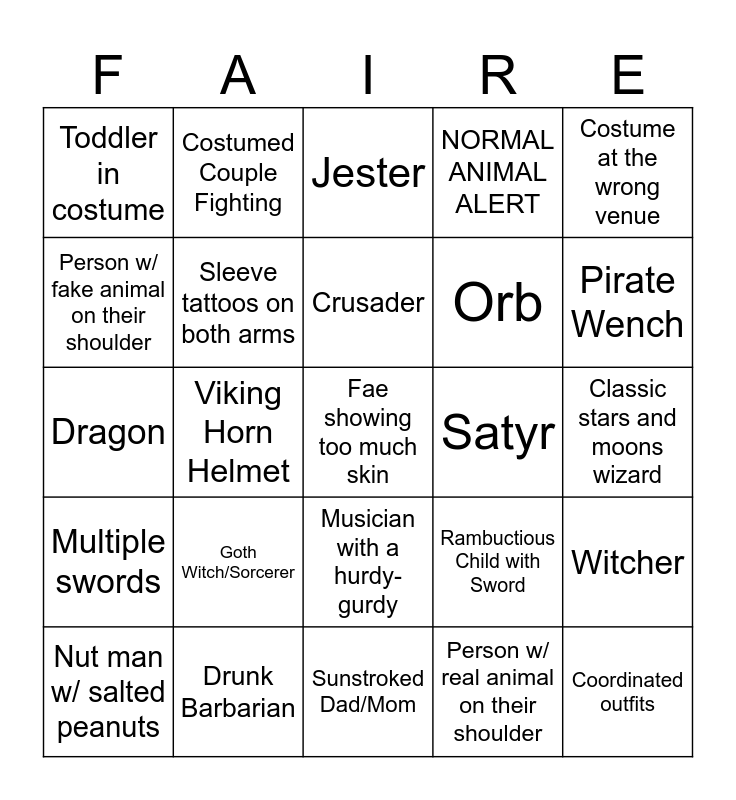 Ren Faire Bingo Card