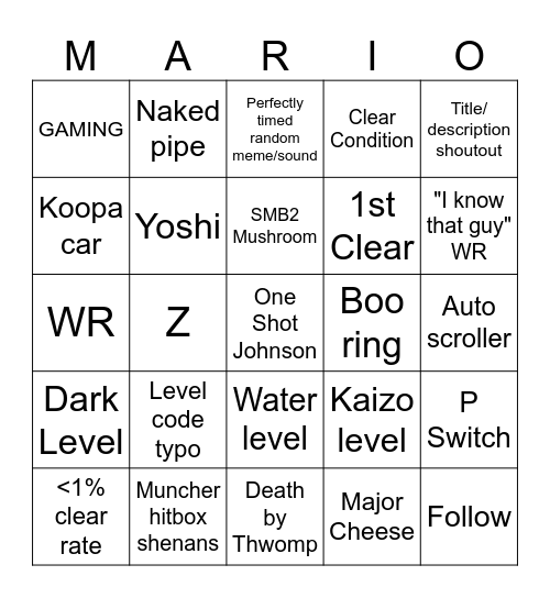 SMM2 Viewer Level Bingo Card