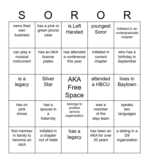 Find a Soror who Bingo Card