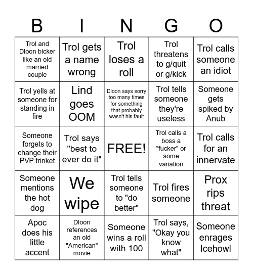 Raiders Bingo Card