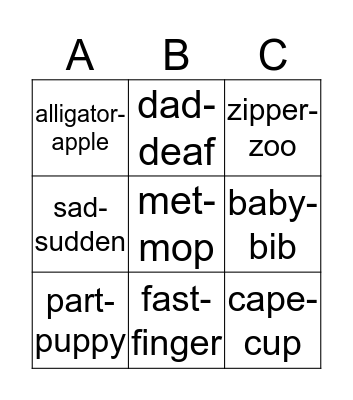 Guide Words Bingo Card