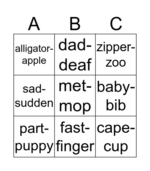 Guide Words Bingo Card