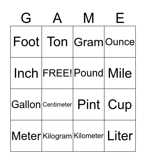 Measurement Bingo Game  Bingo Card