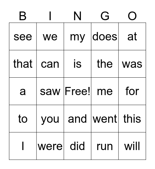 Sight Word Bingo Card
