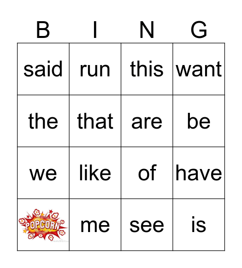 Popcorn Words! Bingo Card