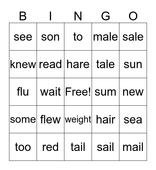 Homophone Bingo Card