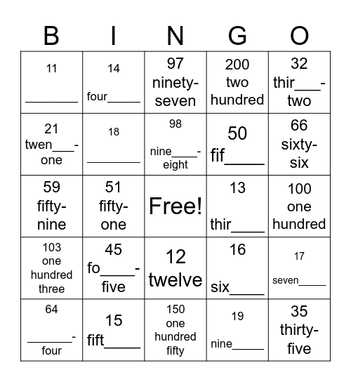 Numbers 1-200 Bingo Card