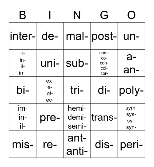 Prefix Bingo Card