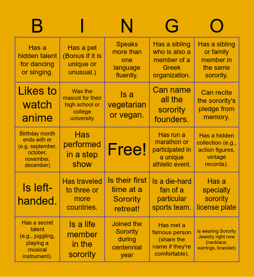 Soror BINGO Card