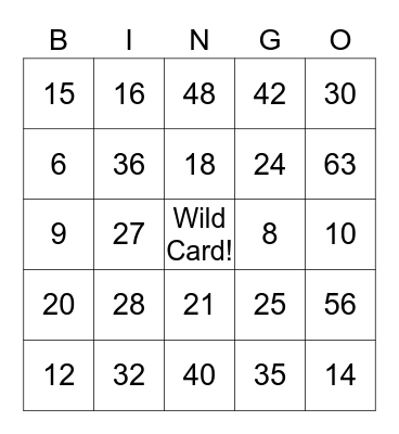 Multiplication Bingo Card