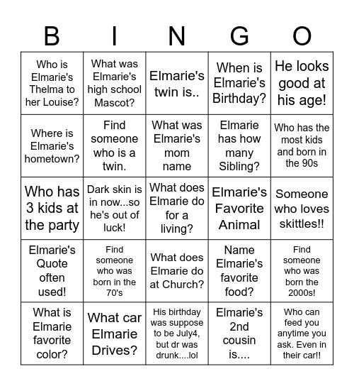 Bingo with Elmarie!!! Bingo Card