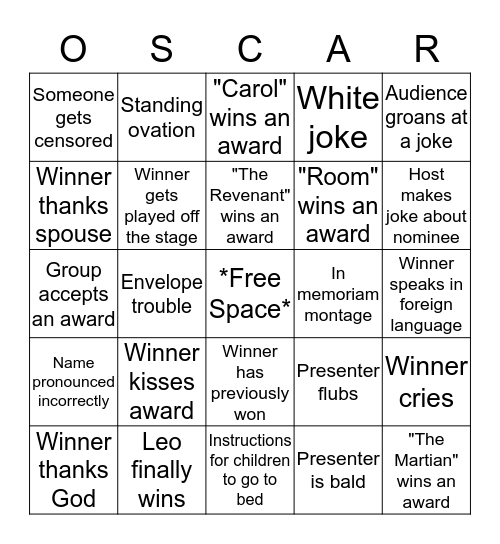 Academy Awards 2016 Bingo Card