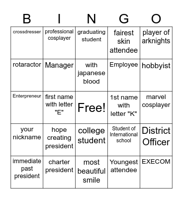 SESSION 1 (1pm-3pm)  NAME: Bingo Card