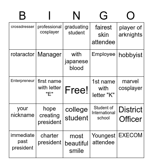 SESSION 1 (1pm-3pm)  NAME: Bingo Card