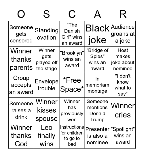Academy Awards 2016 Bingo Card