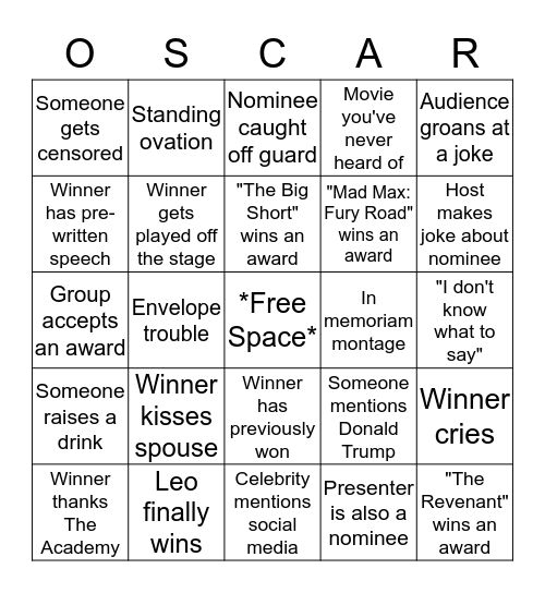 Academy Awards 2016 Bingo Card