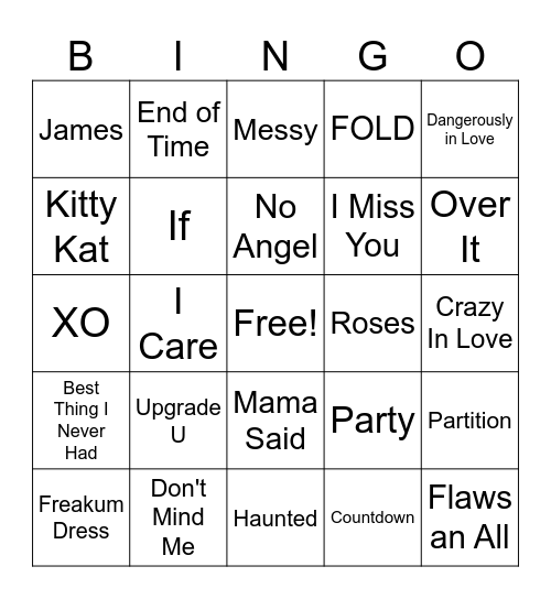Beyonce Mix #1 Bingo Card