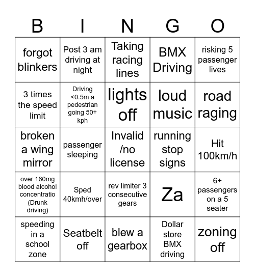 Dangerous driving bingo Card