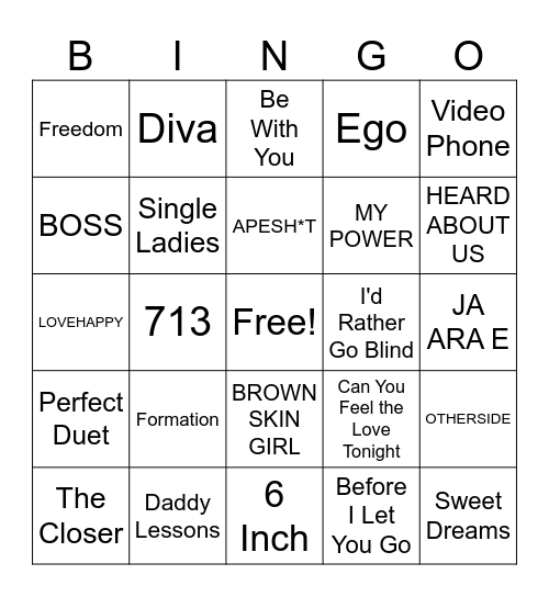 Beyonce Mix #2 Bingo Card