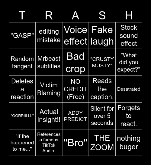 TTTRASH BBBINGABO Bingo Card